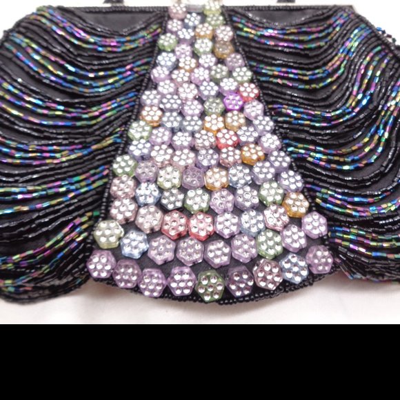 Vintage inspired Black Drape Bead & Flower Bead Evening Bag Purse - Picture 2 of 9